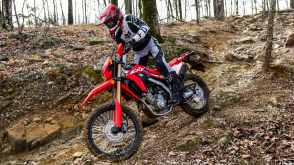 Une vue d'angle latéral d'une personne chevauchant la Honda CRF300L dans la forêt